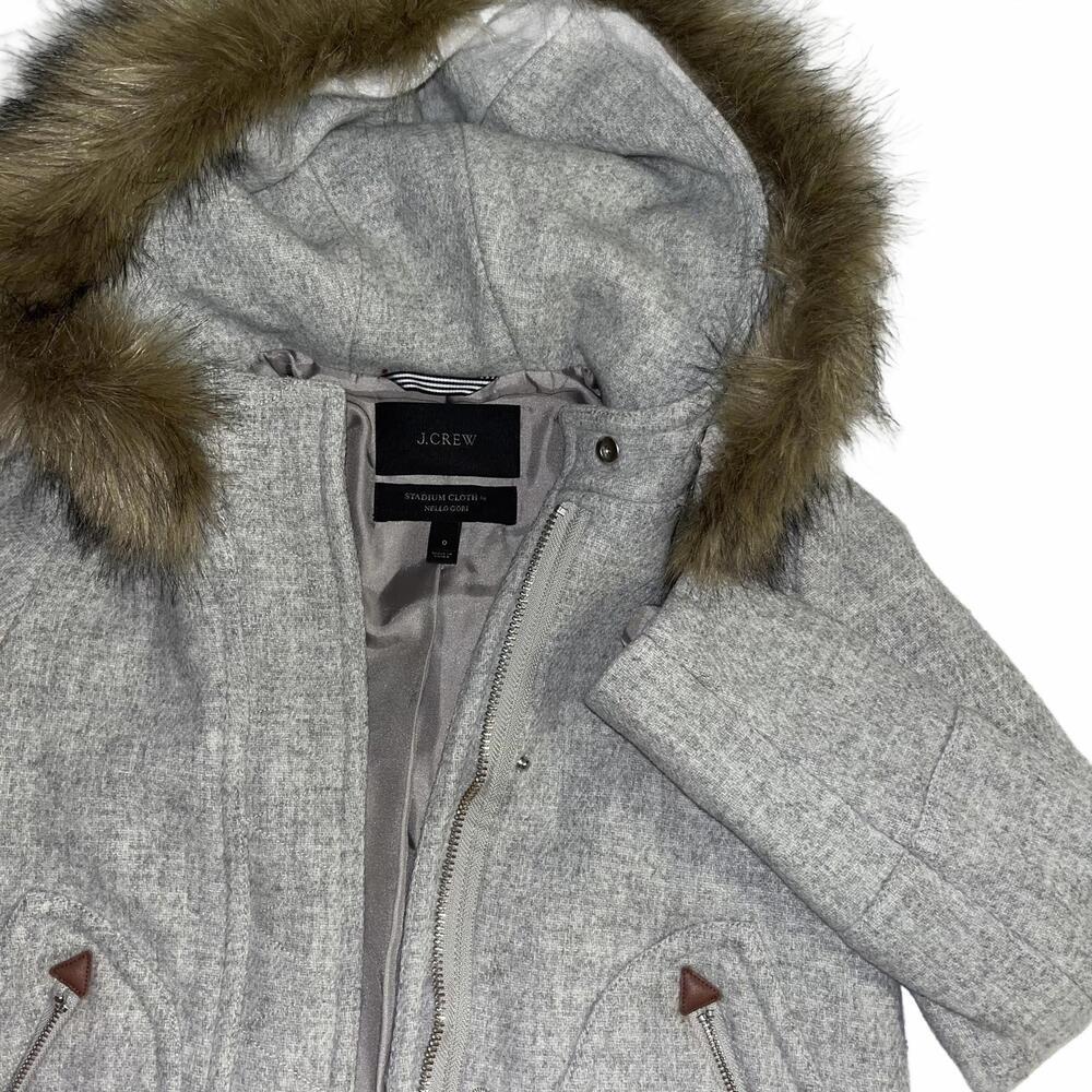 J.Crew Stadium Cloth Wool Nello Gori Womens Size 0 lined Coat Faux Fur Trim Gray